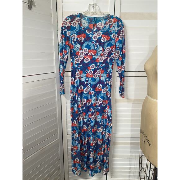 Handmade VTG 60s 70s Maxi Dress Empire Floral Knit Blue Orange Sz Small - Picture 1 of 6